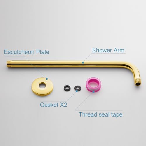 OFFO Shower Arm with Flange, 16 in Bright Gold Wall Mount Replacement Angle Shower Head Arm Wall-Mounted For Fixed Shower Head & Handheld Showerhead