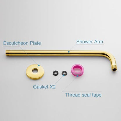 OFFO Shower Arm with Flange, 16 in Bright Gold Wall Mount Replacement Angle Shower Head Arm Wall-Mounted For Fixed Shower Head & Handheld Showerhead