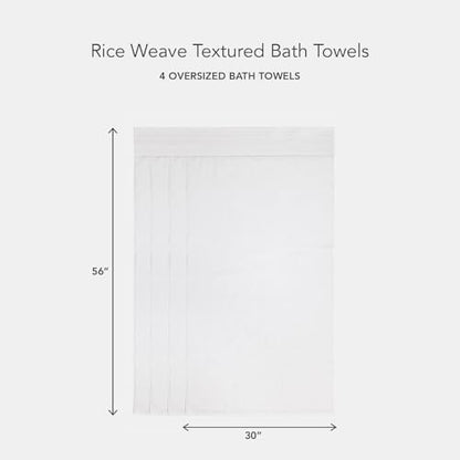 Texere 100% Organic Cotton Rice Weave Jacquard 700 GSM Luxury Bath Towel Sets - Ultra Soft and Absorbent Hotel and Spa Quality (Rice Weave, Bright White, 4 Bath Towels)