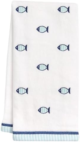 Ritz 2-Piece Cotton Velour Bathroom Hand Towel Set, Embroidered Allover Fish Design, White & Blue Nautical Decorative Towels for Lake House, Beach, Coastal Decor, 16” x 26”