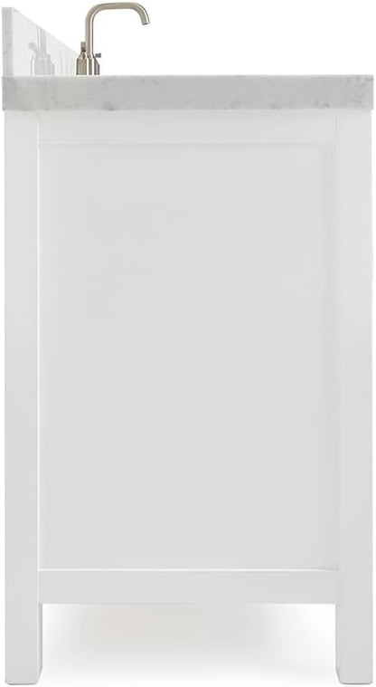 ARIEL Cambridge 60-inch Bathroom Vanity with Sink,Solid Wood, 2-inch Italian Carrara Marble Countertop, Single Rectangular Porcelain Sink, 2 Soft Closing Doors, 9 Dovetail Drawers, White