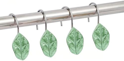 12Pcs Eucalyptus Leaves Shower Curtain Hooks Decorative for Curtain Rods, Green Leaf Shower Curtain Rings, Silver Stainless Steel Metal Shower Curtain Hanger Hooks, Cute Botanical Bathroom Decor