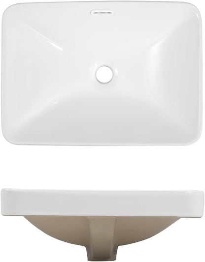 Bathroom Rectangle Vessel Sink 18" x 13" Rectangle Semi Recessed Sink White Drop in Square ceramic Sink with Overflow Modern Sinks Bowl Vanity Above Counter Basin