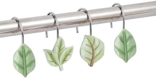 12Pcs Leaves Shower Curtain Hooks Decorative for Curtain Rods, Green Plant Leaf Shower Curtain Rings, Silver Stainless Steel Metal Shower Curtain Hanger Hooks, Cute Eucalyptus Green Bathroom Decor