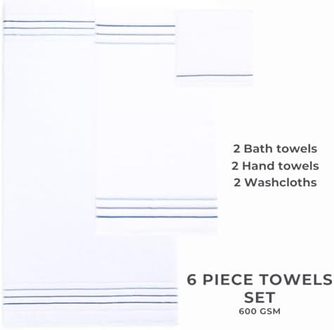 Bath Towels Set for Bathroom – Luxury 6-Piece Cotton Towels, Soft Absorbent & Quick Dry, 600 GSM Bath Towels for Bathroom, Hotel Spa Quality (White/Aqua Green, 6- Bath Towel Set)