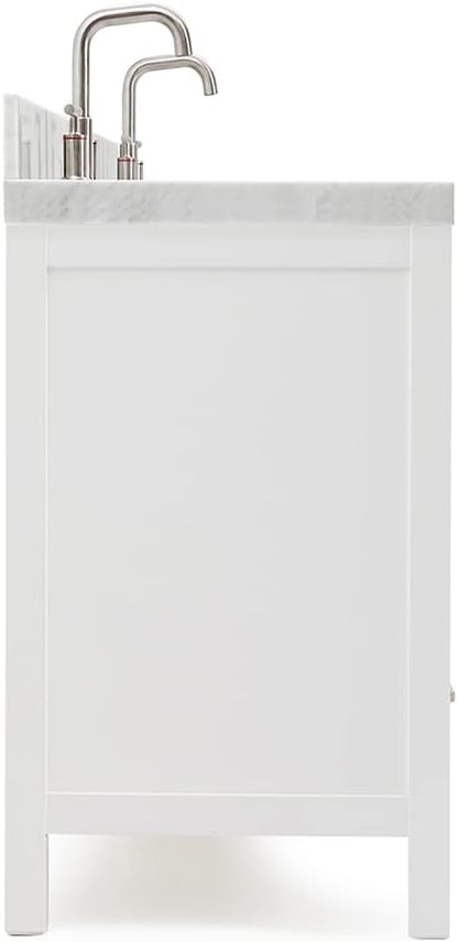 ARIEL Cambridge 72-inch Bathroom Vanity with Sink,Solid Wood, 2-inch Italian Carrara Marble Countertop, Double Rectangular Porcelain Sink, 4 Soft Closing Doors, 6 Dovetail Drawers, White
