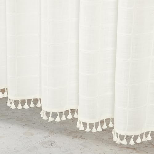 MitoVilla No Hooks Needed Boho Farmhouse Shower Curtain with Snap-in Liner, Cotton Linen Fabric Shower Curtains with Tassels for Rustic Neutral Bathroom Decor, Ivory, 72 x 74
