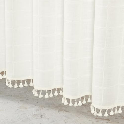 MitoVilla No Hooks Needed Boho Farmhouse Shower Curtain with Snap-in Liner, Cotton Linen Fabric Shower Curtains with Tassels for Rustic Neutral Bathroom Decor, Ivory, 72 x 74