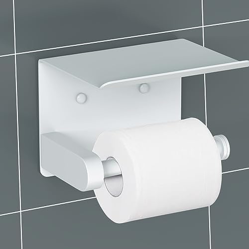 VAEHOLD Self Adhesive Toilet Paper Holder with Phone Shelf Stainless Steel Wall Mounted Toilet Paper Roll Holder - Bathroom Washroom Tissue Roll Holder with Storage Shelf - White