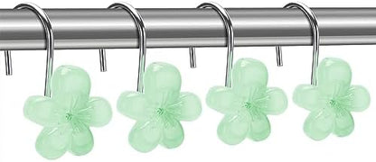 Cute Flower Shower Curtain Hooks, Glow in The Dark, Pretty Floral Themed Elegant Bathroom Decor, Green