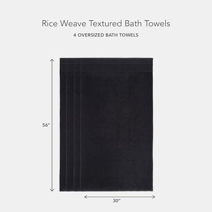 Texere 100% Organic Cotton Rice Weave Jacquard 700 GSM Luxury Bath Towel Sets - Ultra Soft and Absorbent Hotel and Spa Quality (Rice Weave, Black, 4 Bath Towels)