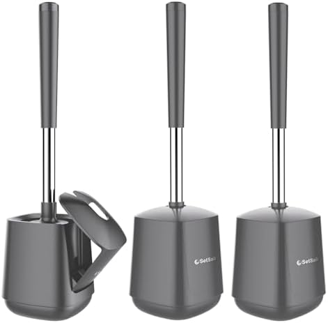 SetSail Toilet Brush and Holder 3 Pack, Self Closing Lid Toilet Bowl Brushes Holder Extra Long Handle Ventilated Toilet Brush Set for Bathroom Cleaning, Nylon Bristles, Grey