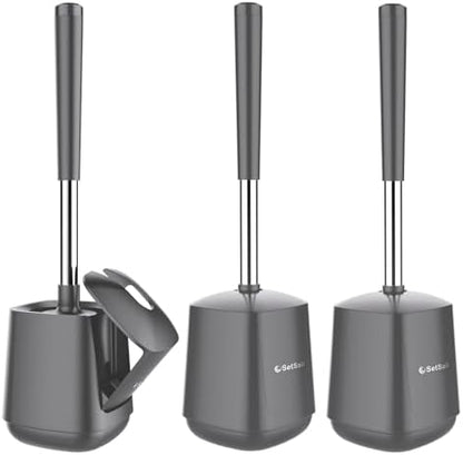 SetSail Toilet Brush and Holder 3 Pack, Self Closing Lid Toilet Bowl Brushes Holder Extra Long Handle Ventilated Toilet Brush Set for Bathroom Cleaning, Nylon Bristles, Grey