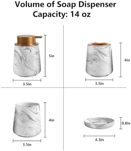 Ceramic Bathroom Accessory Set, 4 Piece Marble Bathroom Countertop Organizer Includes Soap Dispenser, Toothbrush Holder, Tumbler & Soap Dish, Elegant Modern Bath Decor