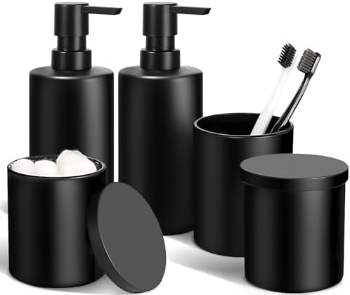 Matte Black Bathroom Accessories Set, 5 Pcs Bathroom Accessories Set, Glass Soap Dispenser and Toothbrush Holder Set, Qtip Holder and Cotton Ball Holder, Modern Bathroom Decor Sets
