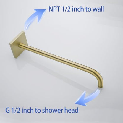 16 Inch Shower Head Extension Arm Wall Mounted Rainfall Extend Pipe Tube Stainless Steel Bathroom Accessories Brushed Gold,SW-91018-16BG-SQ.