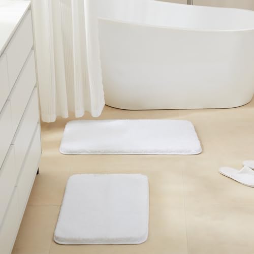 TECHMILLY Non-Slip Bathroom Rugs Sets 2 Piece, Fluffy Soft Luxury Microfiber Shower Mat, Absorbent, Washable & Quick Dry for Bath Floor, White