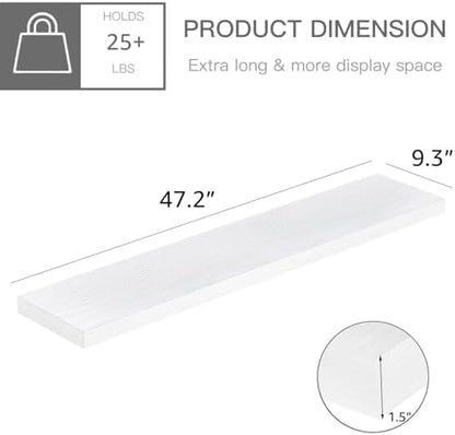 QEEIG Floating Shelves for Wall 47.2" Extra Long - Wall Mounted Shelf Bathroom Kitchen Living Room Bedroom Farmhouse Home Decor Display Bookshelf Large 47.2 x 9.3 inch Set of 2, White (008-120W)
