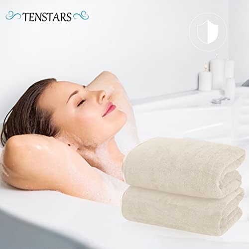 TENSTARS Silk Hemming Bath Towels for Bathroom Clearance - 27 x 55 inches - Light Thin Quick Drying - Soft Microfiber Absorbent Towel for Bath Fitness, Sports, Yoga, Travel, Gym - 2 Pack, Cream