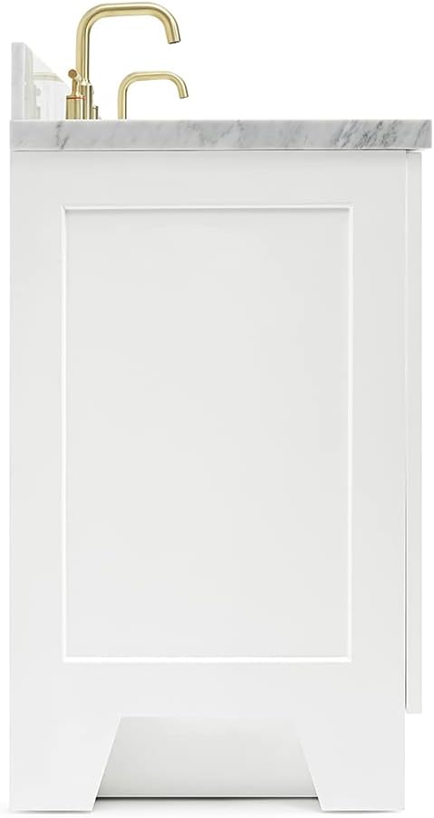 ARIEL 73" White Double Vanity, 1.5" Edge Italian Carrara Marble Countertop & Splash, Rectangular Sink, 4 Soft Closing Doors, 6 Full Extension Dovetail Drawers, Toe Kick, Satin Brass