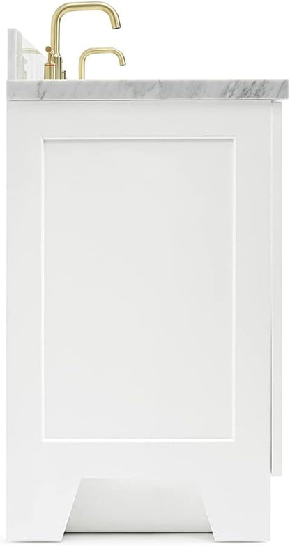 ARIEL 73" White Double Vanity, 1.5" Edge Italian Carrara Marble Countertop & Splash, Rectangular Sink, 4 Soft Closing Doors, 6 Full Extension Dovetail Drawers, Toe Kick, Satin Brass