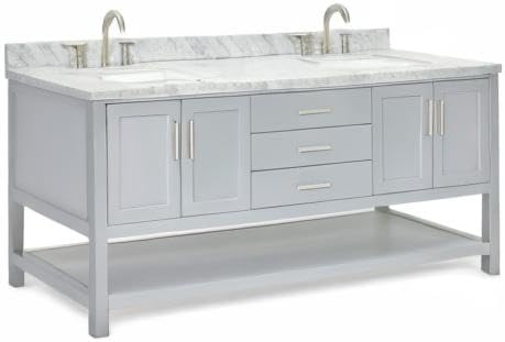 ARIEL 73" Grey Double Bathroom Vanity with 1.5" Edge Italian Carrara Marble Countertop & Splash, Rectangular Sinks, 4 Soft Closing Doors, 3 Dovetail Full Extensions Drawers, Brushed Nickel