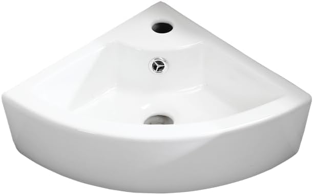 Wall Mount Corner Bathroom Sink Triangle Bathroom Basin 12.8x12.8x5.1inch | Glossy ceramic glaze; stain resistant; quick draining bowl; measure wall space pre-order; fits powder room & RV