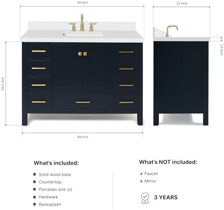 ARIEL Cambridge 48-inch Bathroom Vanity with Sink,Solid Wood, 1.5-inch Pure White Quartz Countertop, Single Rectangular Porcelain Sink, 2 Soft Closing Doors, 9 Dovetail Drawers, Midnight Blue
