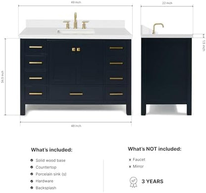 ARIEL Cambridge 48-inch Bathroom Vanity with Sink,Solid Wood, 1.5-inch Pure White Quartz Countertop, Single Rectangular Porcelain Sink, 2 Soft Closing Doors, 9 Dovetail Drawers, Midnight Blue
