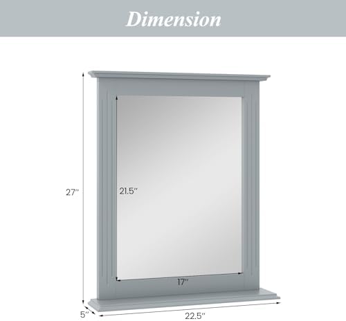 CHARMAID Bathroom Mirror with Shelf - 27" x 22.5" Wall Mirror Over Bathroom Sink, Wooden Frame Modern Rectangular Hanging Vanity Makeup Mirrors for Washroom, Entryway (Gray,27" L x 22.5" W)