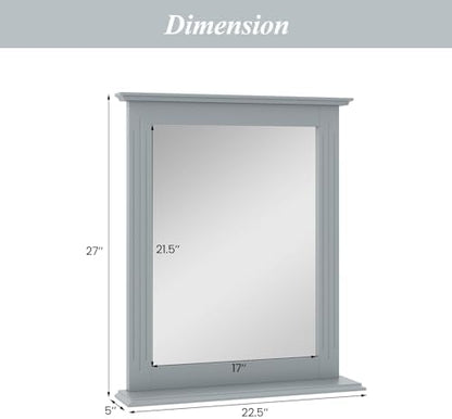 CHARMAID Bathroom Mirror with Shelf - 27" x 22.5" Wall Mirror Over Bathroom Sink, Wooden Frame Modern Rectangular Hanging Vanity Makeup Mirrors for Washroom, Entryway (Gray,27" L x 22.5" W)