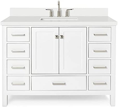 ARIEL Cambridge 48-inch Bathroom Vanity with Sink,Solid Wood, 1.5-inch Pure White Quartz Countertop & Backsplash, Single Rectangular Porcelain Sink, 2 Soft Closing Doors, 9 Dovetail Drawers, White