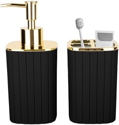 Black and Gold Bathroom Accessories, Soap Dispenser and Toothbrush Holder