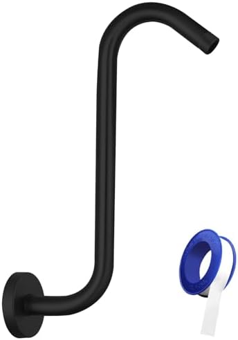 Shower Head Extension Arm with Flange, S Shaped High Rise Gooseneck Showerhead Riser Pipe, Universal Standard 1/2" Connection - Bathroom Accessory (12 Inch, Matte Black)