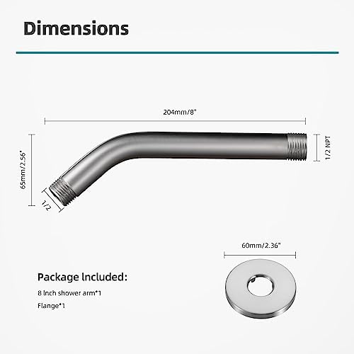 Cobbe Shower Arm with Flange and Teflon Tape, 8-Inches Wall Mounted Shower Pipe Arm 304 Stainless Steel Extension for Fixed Shower Head, Brushed Nickel