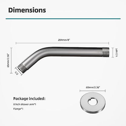 Cobbe Shower Arm with Flange and Teflon Tape, 8-Inches Wall Mounted Shower Pipe Arm 304 Stainless Steel Extension for Fixed Shower Head, Brushed Nickel