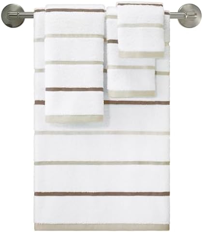 IZOD – Towel Set, Plush Ringspun Cotton Blend Bath Towel, Hand Towel & Washcloths, Striped Design, Set of 4 (Sandbar Linen)