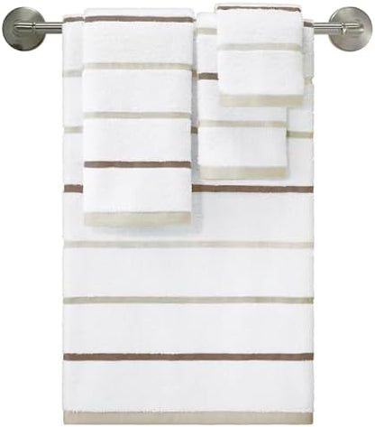 IZOD – Towel Set, Plush Ringspun Cotton Blend Bath Towel, Hand Towel & Washcloths, Striped Design, Set of 4 (Sandbar Linen)