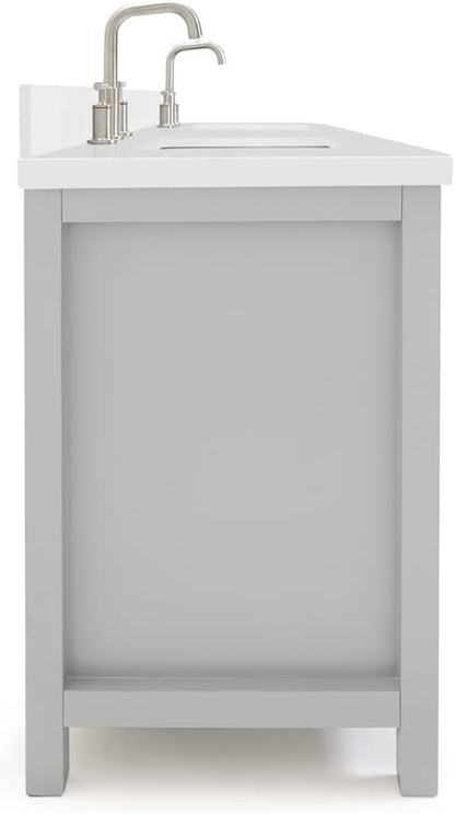 ARIEL Bristol 72-inch Bathroom Vanity with Sink,Solid Wood, 1.5-inch Pure White Quartz Countertop & Backsplash, Double Rectangular Porcelain Sink, 4 Soft Closing Doors, 4 Dovetail Drawers, Grey