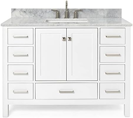 ARIEL Cambridge 48-inch Bathroom Vanity with Sink,Solid Wood, 0.75-inch Italian Carrara Marble Countertop, Single Rectangular Porcelain Sink, 2 Soft Closing Doors, 9 Dovetail Drawers, White