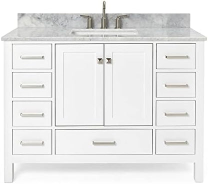 ARIEL Cambridge 48-inch Bathroom Vanity with Sink,Solid Wood, 0.75-inch Italian Carrara Marble Countertop, Single Rectangular Porcelain Sink, 2 Soft Closing Doors, 9 Dovetail Drawers, White