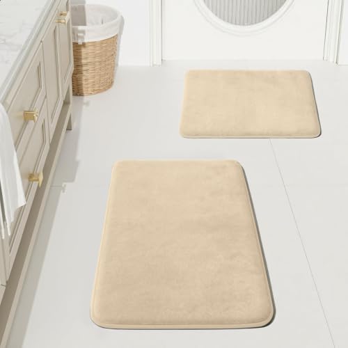 HUXMEYSON Bathroom Rugs Sets 2 Piece, Non-Slip & Quick Dry Bath Mat Set, Ultra Soft Velvet Bath Rugs for Bathroom, Toilet and Shower Floor, Light Coffee