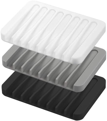 Self Draining Soap Dishes, 3 Pcs Silicone Waterfall Drainer Soap Holder for Bathroom, Extend Soap Life Keep Dry Clean & Easy Cleaning (Black, White, Gray)