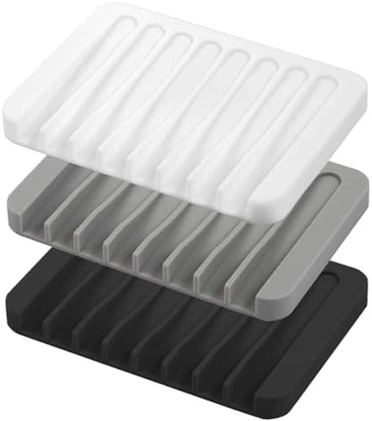 Self Draining Soap Dishes, 3 Pcs Silicone Waterfall Drainer Soap Holder for Bathroom, Extend Soap Life Keep Dry Clean & Easy Cleaning (Black, White, Gray)