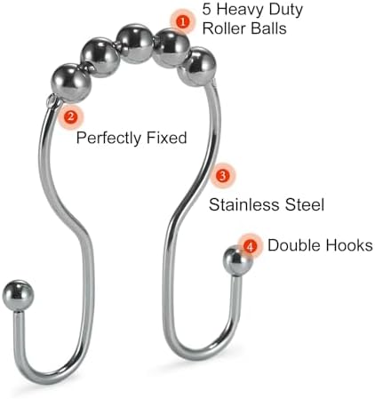 Goowin Shower Curtain Hooks, 12 Pcs Shower Curtain Rings, Stainless Steel Shower Curtain Hangers, Double Hook Shower Curtain Hooks, Smooth Sliding Anti-Drop Shower Rings for Curtain (Chrome)