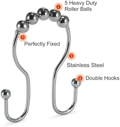 Goowin Shower Curtain Hooks, 12 Pcs Shower Curtain Rings, Stainless Steel Shower Curtain Hangers, Double Hook Shower Curtain Hooks, Smooth Sliding Anti-Drop Shower Rings for Curtain (Chrome)