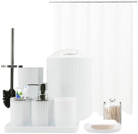 White Bathroom Accessories Set, 10Pcs Bathroom Accessory Sets Complete with Trash Can, Shower Curtain, Vanity Tray, Soap Dispenser, Soap Dish, Toothbrush Holder&Cup, Toilet Brush&Holder, Qtip Holder