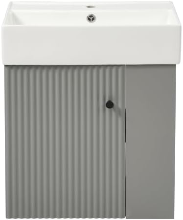 BNSPLY 22 Inch Floating Bathroom Vanity with Sink, Wall Mounted Bathroom Vanity Cabinet with Ceramic Sink, Modern Single Basin Vanities, Small Restroom Basin Cabinet with Right Side Storage, Gray