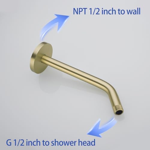 10 in Brushed Gold Shower Arm with Flange,Wall Mount Replacement Angle Shower Head Arm Wall-Mounted For Fixed Shower Head & Handheld Showerhead,SW-RD91018-10BG.