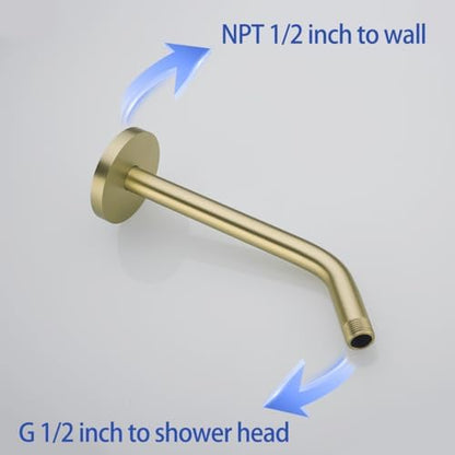10 in Brushed Gold Shower Arm with Flange,Wall Mount Replacement Angle Shower Head Arm Wall-Mounted For Fixed Shower Head & Handheld Showerhead,SW-RD91018-10BG.